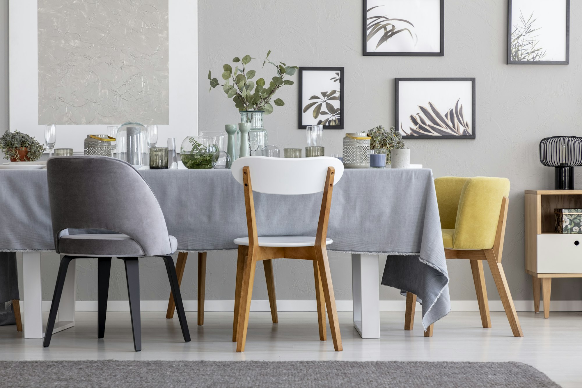 Modern chairs at table with tableware in grey dining room interi